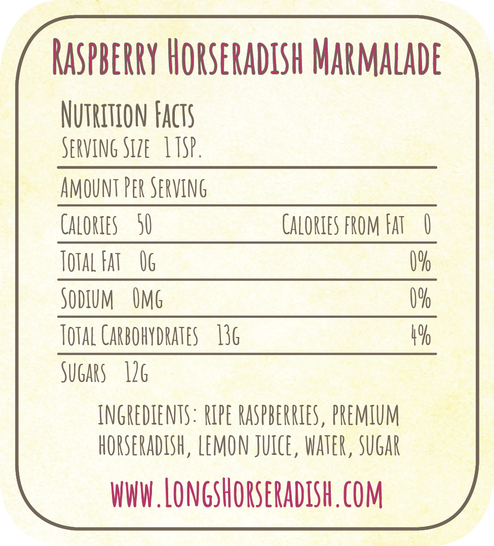 Long's Raspberry Horseradish Marmalade label (back)